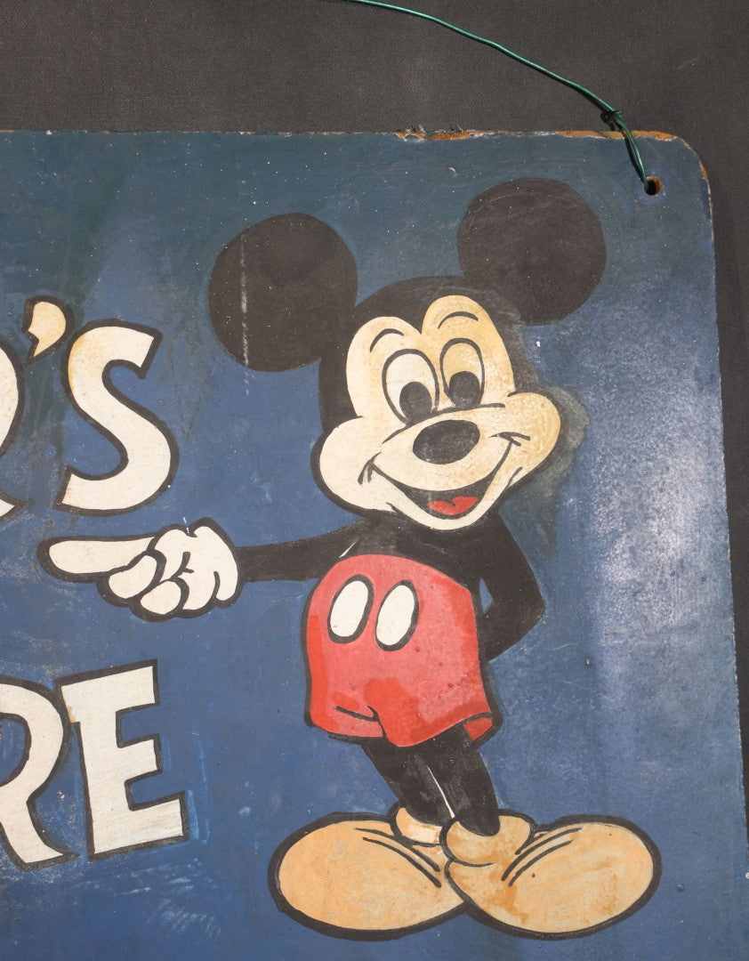 Lot 042 - Vintage Hand-Painted "Collector's Book Store" Sign With Mickey Mouse And Pointing Hand On Hardboard Panel