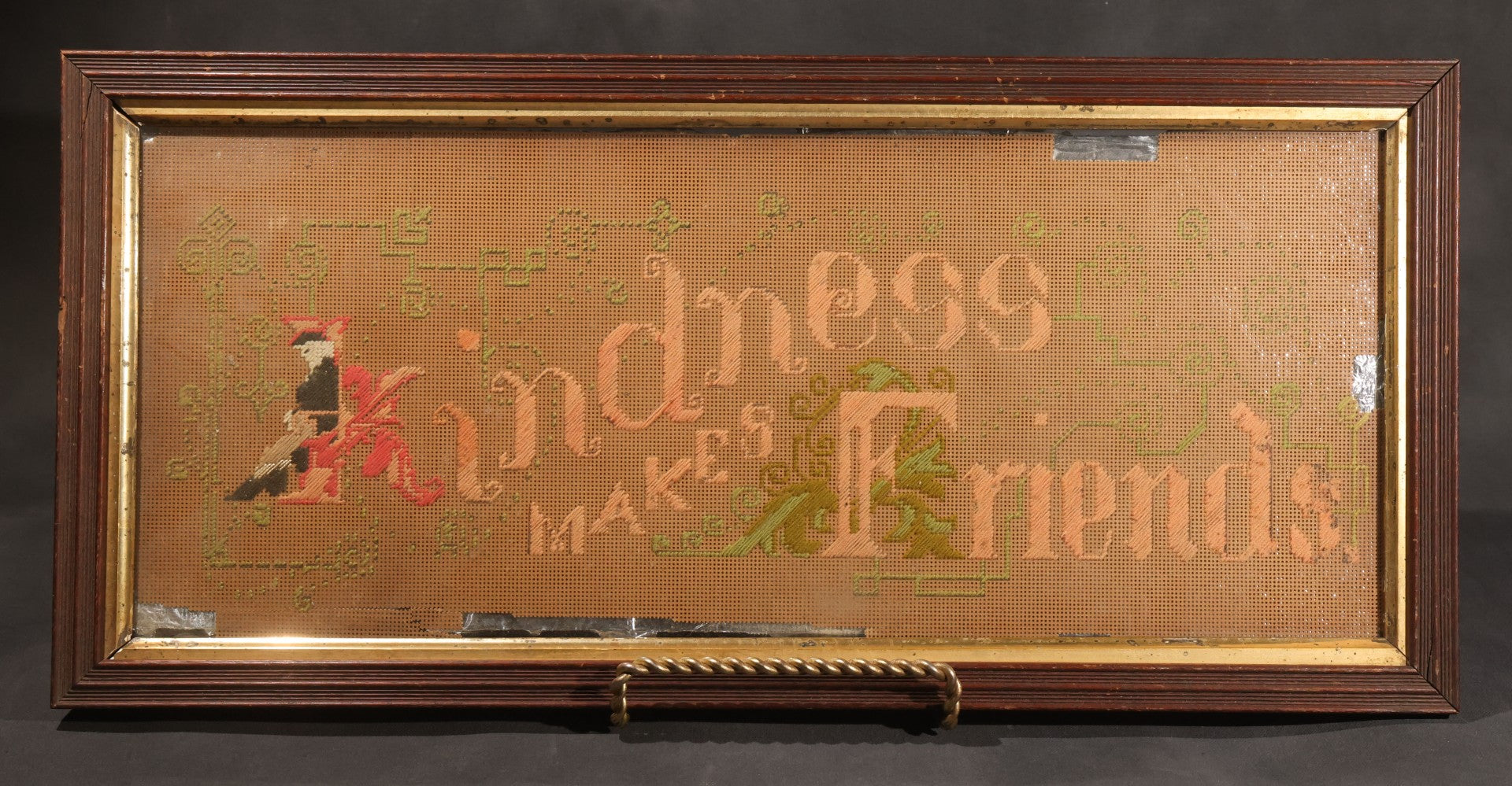 Lot 044 - Antique Victorian Punch Paper Embroidery Sampler, "Kindness Makes Friends," In Wood Frame With Gilt Liner