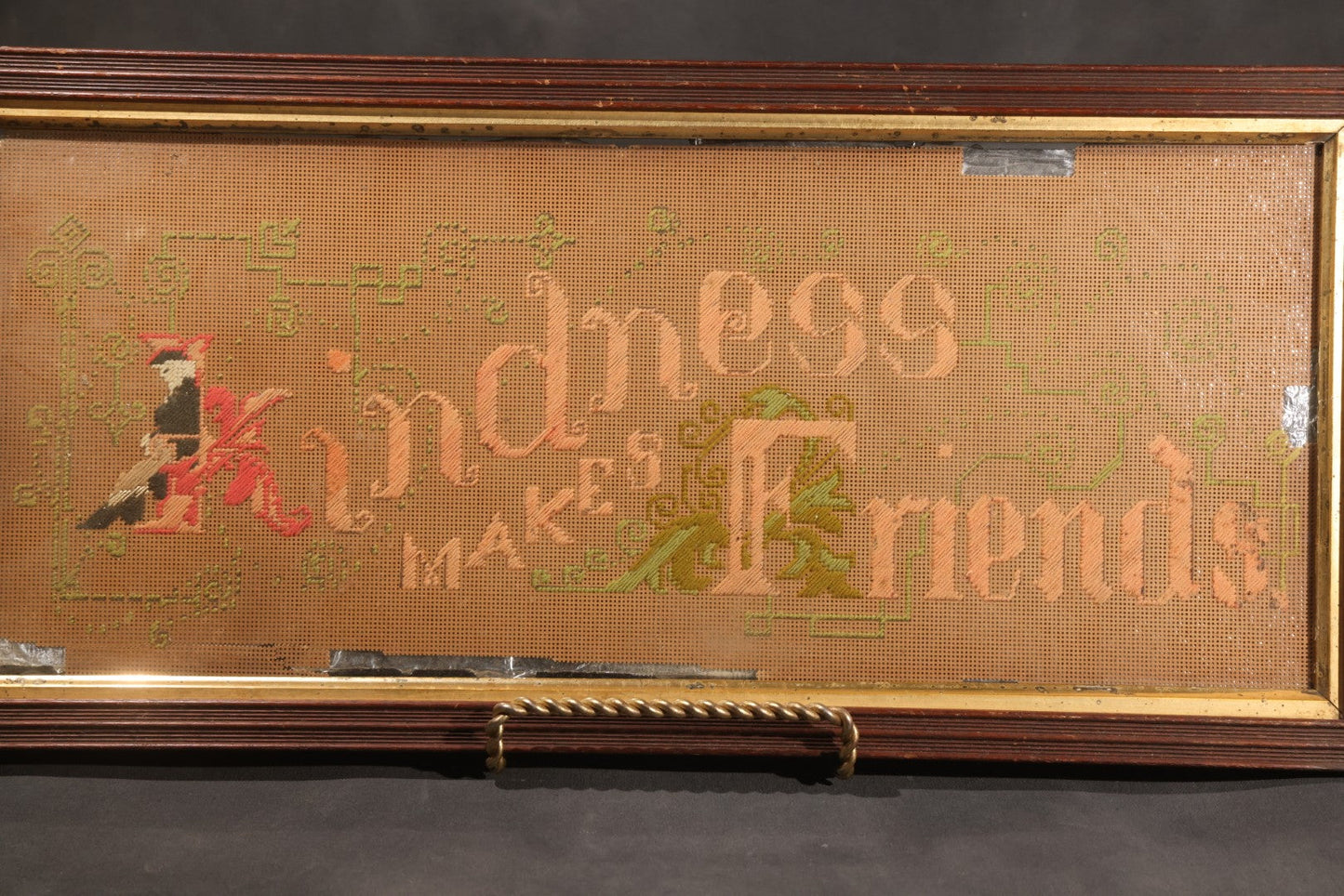 Lot 044 - Antique Victorian Punch Paper Embroidery Sampler, "Kindness Makes Friends," In Wood Frame With Gilt Liner