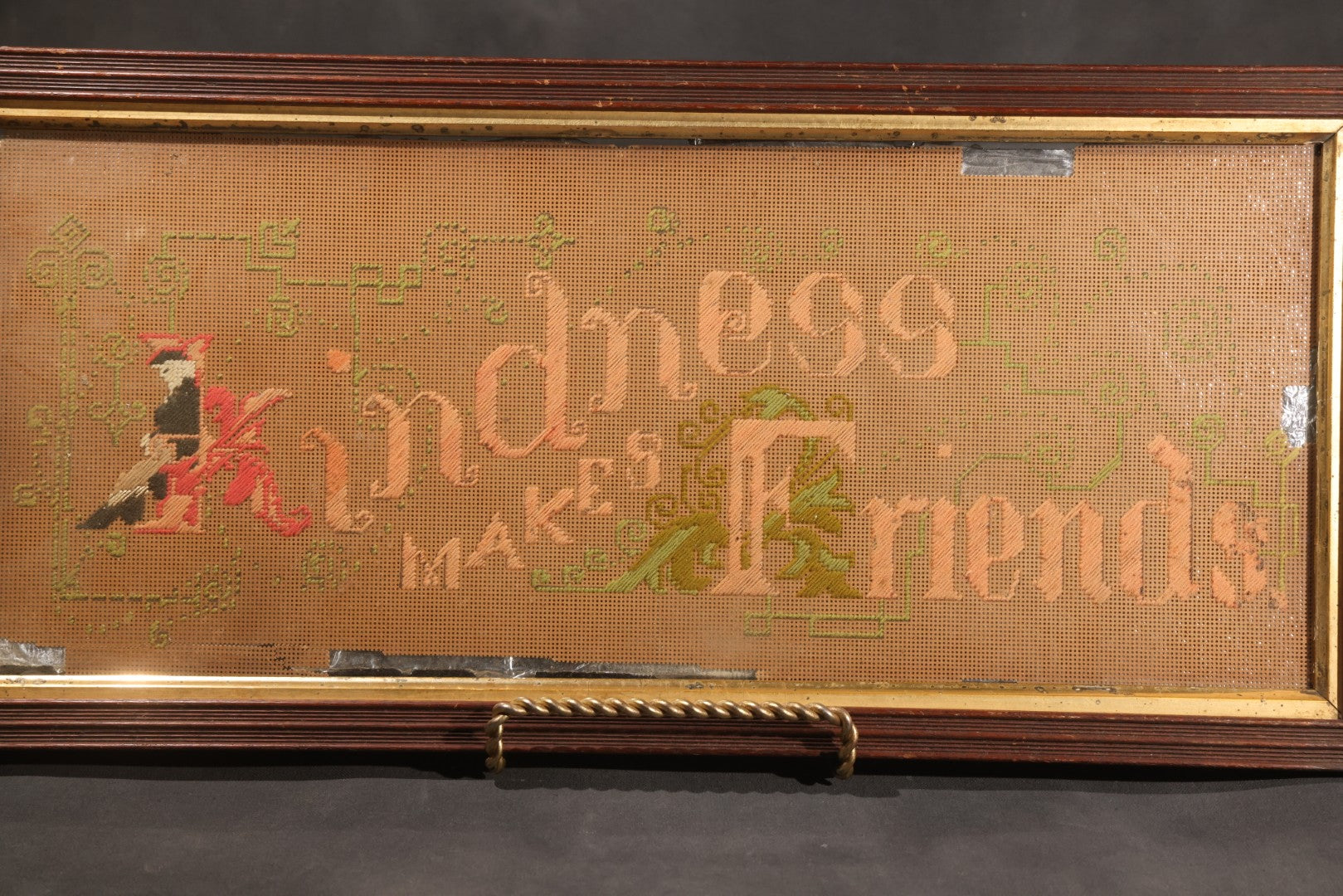 Lot 044 - Antique Victorian Punch Paper Embroidery Sampler, "Kindness Makes Friends," In Wood Frame With Gilt Liner