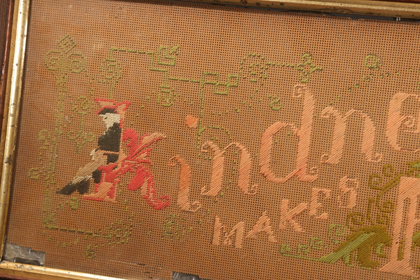 Lot 044 - Antique Victorian Punch Paper Embroidery Sampler, "Kindness Makes Friends," In Wood Frame With Gilt Liner