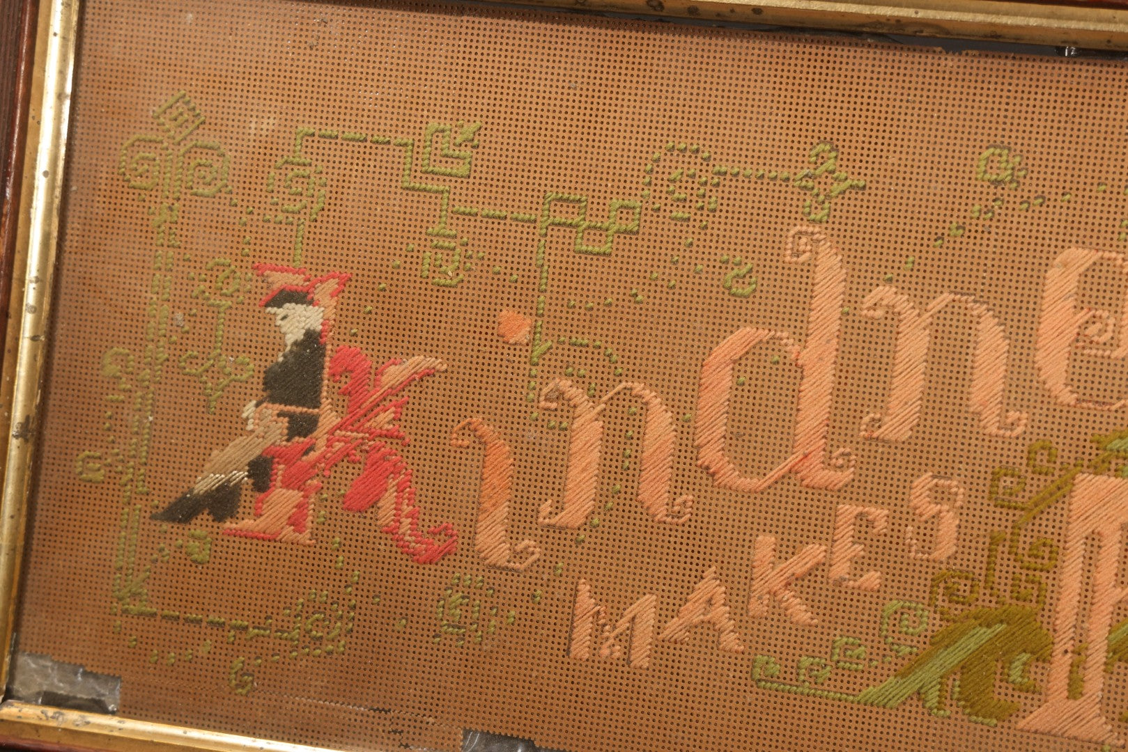 Lot 044 - Antique Victorian Punch Paper Embroidery Sampler, "Kindness Makes Friends," In Wood Frame With Gilt Liner