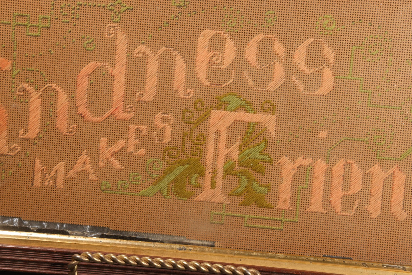 Lot 044 - Antique Victorian Punch Paper Embroidery Sampler, "Kindness Makes Friends," In Wood Frame With Gilt Liner