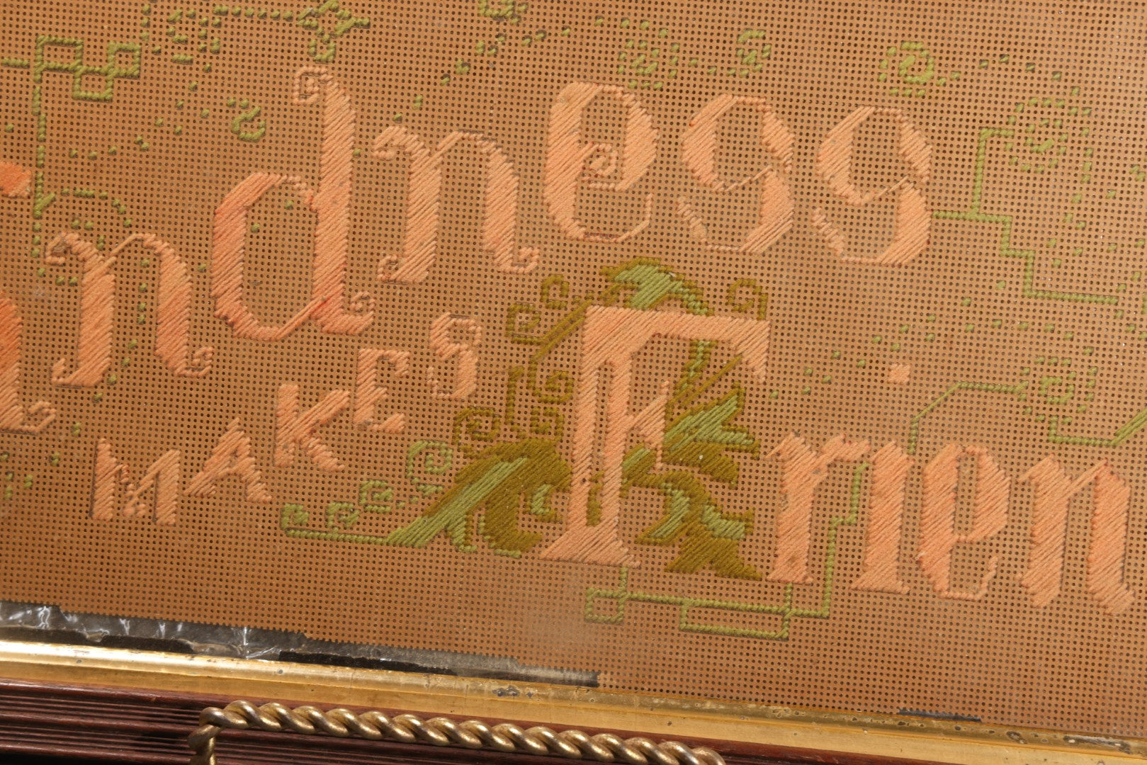 Lot 044 - Antique Victorian Punch Paper Embroidery Sampler, "Kindness Makes Friends," In Wood Frame With Gilt Liner