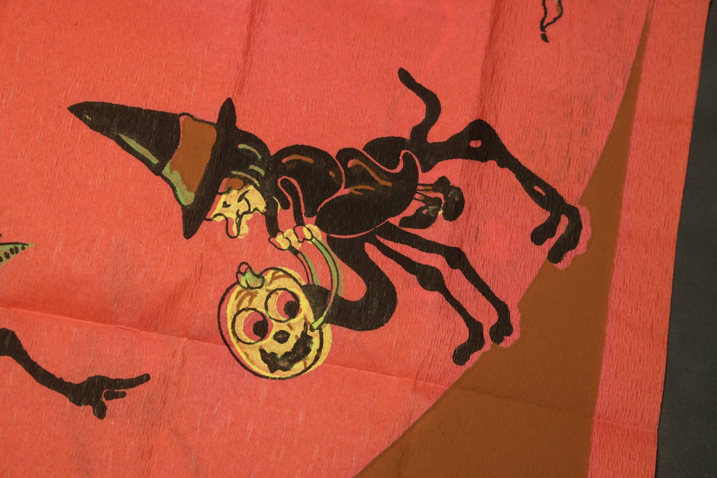 Lot 046 - Antique Dennison's Halloween Crepe Paper Table Cover No. H377 With Black Cat, Witch, Owl, Moon, And J.O.L. Graphics, In Original Envelope, Dennison Manufacturing Co., Framingham, Massachusetts