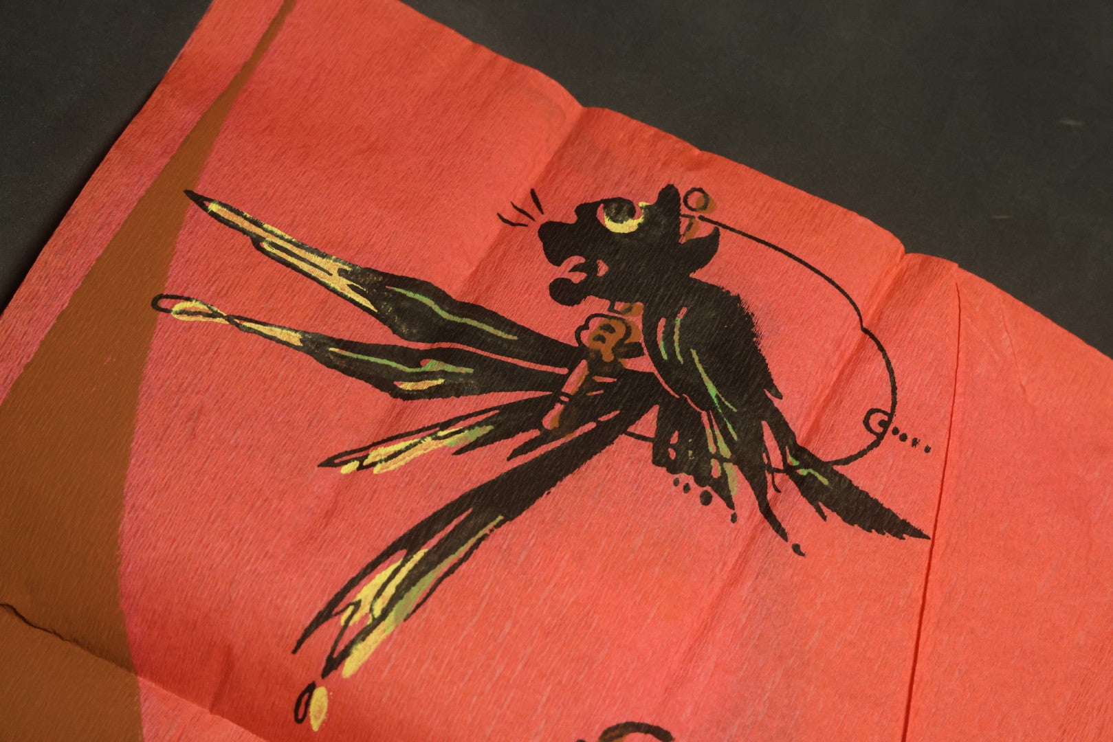 Lot 046 - Antique Dennison's Halloween Crepe Paper Table Cover No. H377 With Black Cat, Witch, Owl, Moon, And J.O.L. Graphics, In Original Envelope, Dennison Manufacturing Co., Framingham, Massachusetts