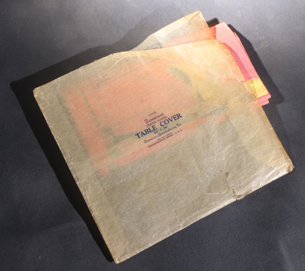 Lot 046 - Antique Dennison's Halloween Crepe Paper Table Cover No. H377 With Black Cat, Witch, Owl, Moon, And J.O.L. Graphics, In Original Envelope, Dennison Manufacturing Co., Framingham, Massachusetts
