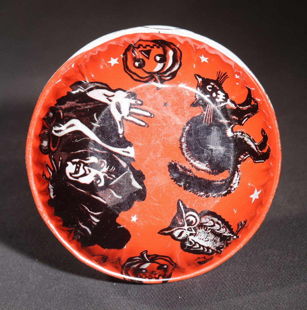 Lot 050 - Trio Of Vintage Halloween Tin Lithograph Noisemakers, U.S. Metal Toy Mfg. Co., With Witch, Bat, Jack-O-Lantern, And Cat Graphics, Bell Rattle, And Clapper Examples