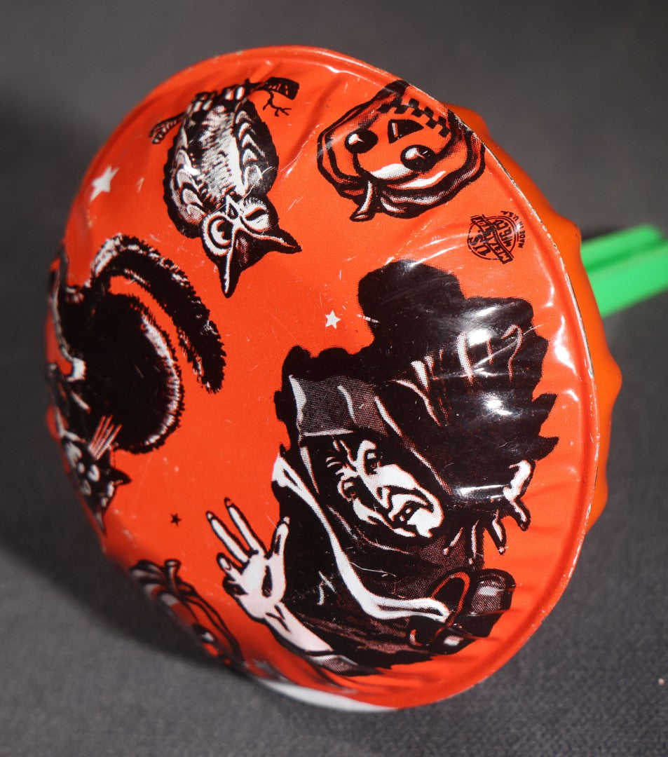 Lot 050 - Trio Of Vintage Halloween Tin Lithograph Noisemakers, U.S. Metal Toy Mfg. Co., With Witch, Bat, Jack-O-Lantern, And Cat Graphics, Bell Rattle, And Clapper Examples