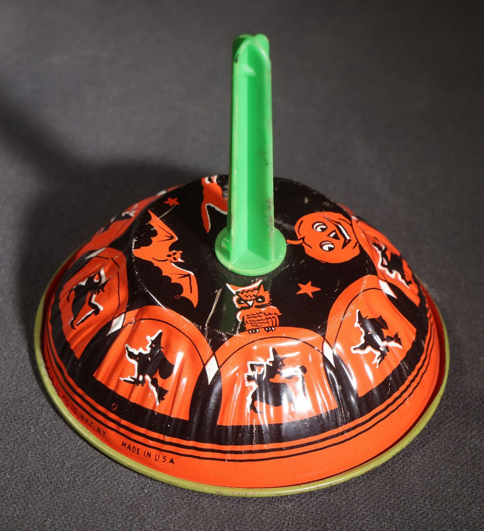 Lot 050 - Trio Of Vintage Halloween Tin Lithograph Noisemakers, U.S. Metal Toy Mfg. Co., With Witch, Bat, Jack-O-Lantern, And Cat Graphics, Bell Rattle, And Clapper Examples