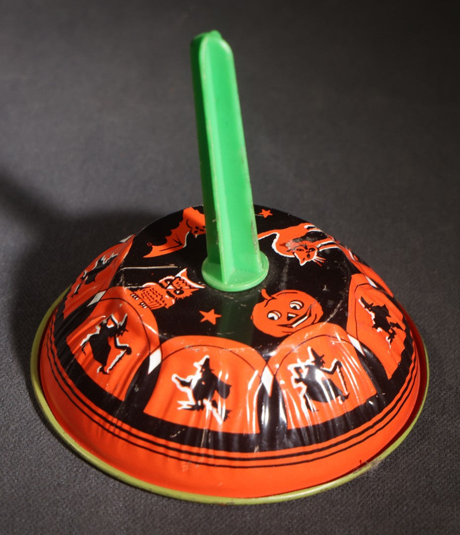 Lot 050 - Trio Of Vintage Halloween Tin Lithograph Noisemakers, U.S. Metal Toy Mfg. Co., With Witch, Bat, Jack-O-Lantern, And Cat Graphics, Bell Rattle, And Clapper Examples