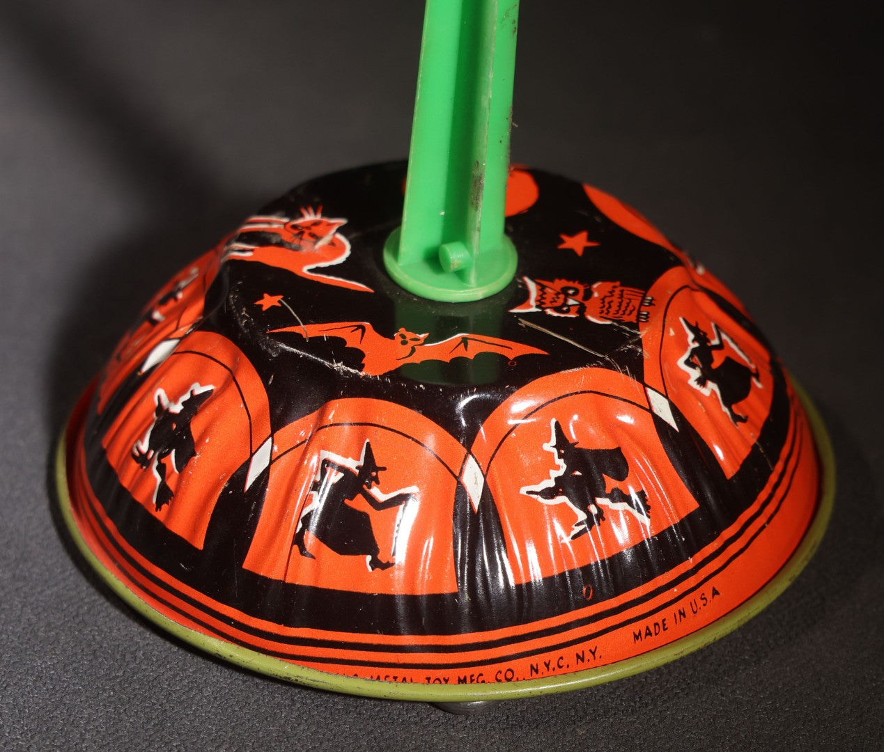 Lot 050 - Trio Of Vintage Halloween Tin Lithograph Noisemakers, U.S. Metal Toy Mfg. Co., With Witch, Bat, Jack-O-Lantern, And Cat Graphics, Bell Rattle, And Clapper Examples
