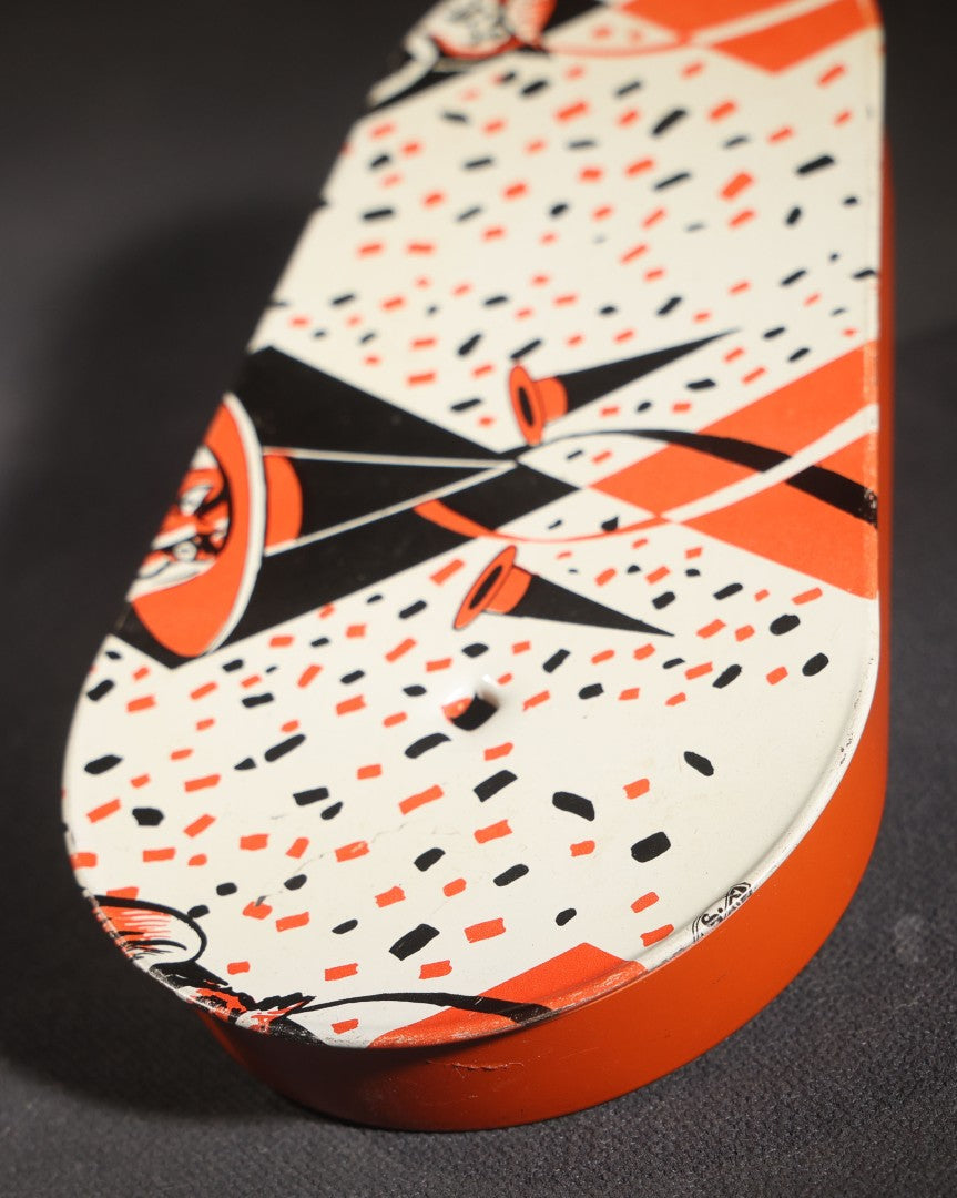 Lot 050 - Trio Of Vintage Halloween Tin Lithograph Noisemakers, U.S. Metal Toy Mfg. Co., With Witch, Bat, Jack-O-Lantern, And Cat Graphics, Bell Rattle, And Clapper Examples