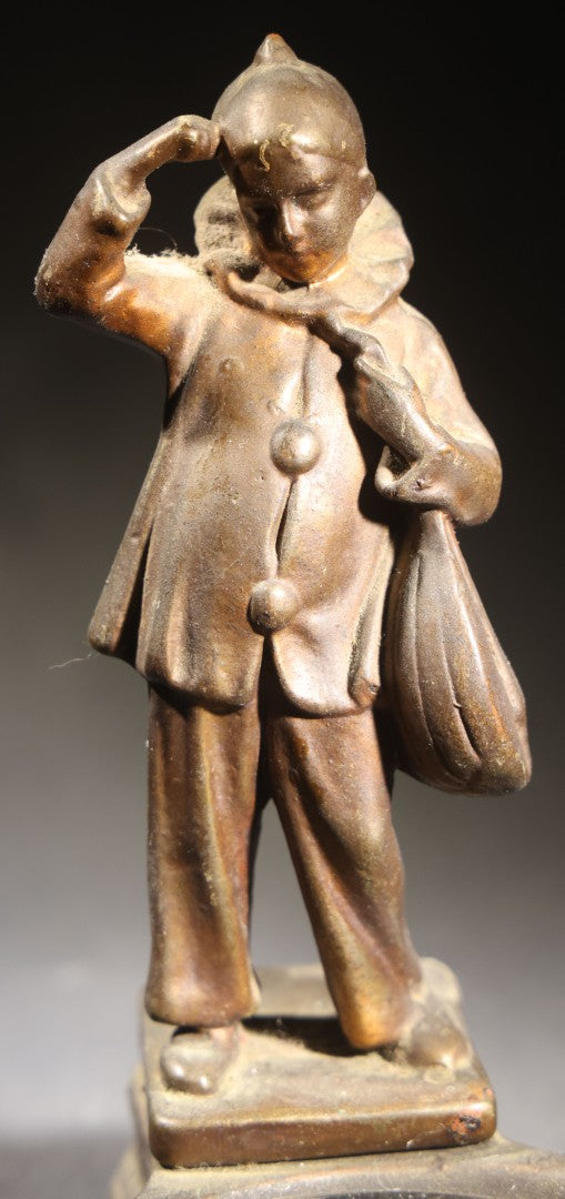 Lot 052 - Antique Copper-Clad Composition Figural Ashtray, Standing Pierrot Clown Holding A Lute, Glass Tray Insert, 6-5/8" H