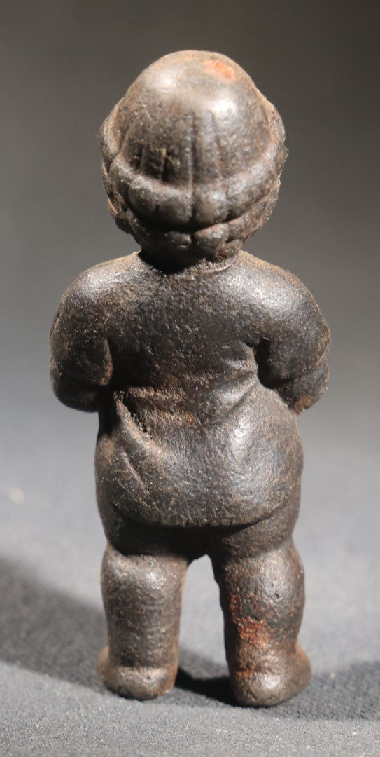 Lot 053 - Antique Cast Iron Manneken Pis-Style Figural Statuette, Standing Peeing Male Child, Dark Patina, 2-7/8" H