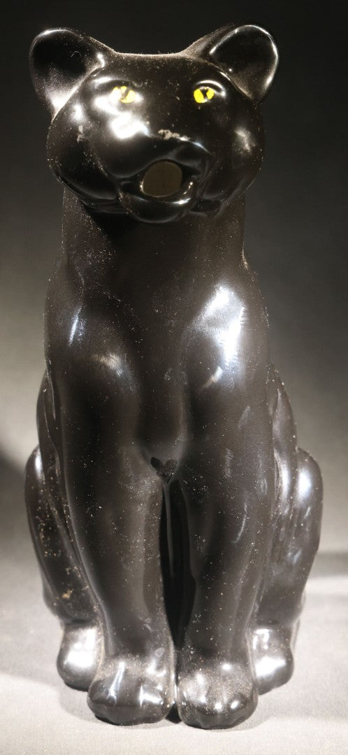 Lot 054 - Vintage Black Glazed Ceramic Panther Pitcher With Yellow Painted Eyes, By R.E.M.O., Made In Italy, 1975, 10-7/8" H