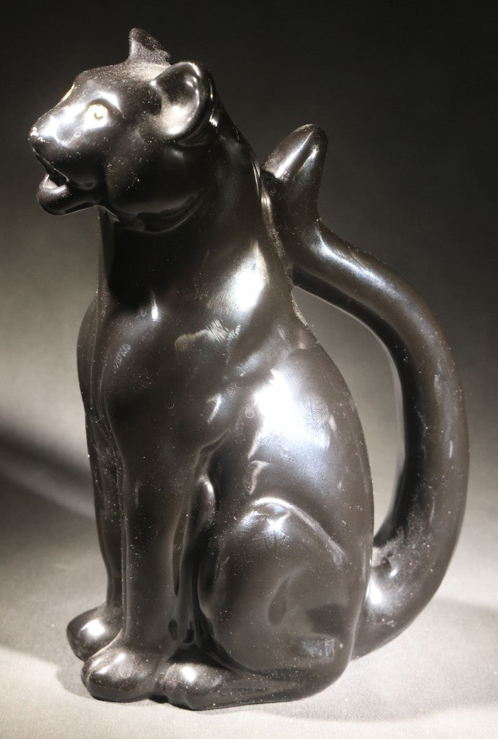 Lot 054 - Vintage Black Glazed Ceramic Panther Pitcher With Yellow Painted Eyes, By R.E.M.O., Made In Italy, 1975, 10-7/8" H