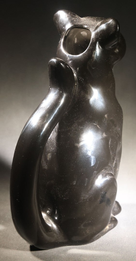 Lot 054 - Vintage Black Glazed Ceramic Panther Pitcher With Yellow Painted Eyes, By R.E.M.O., Made In Italy, 1975, 10-7/8" H