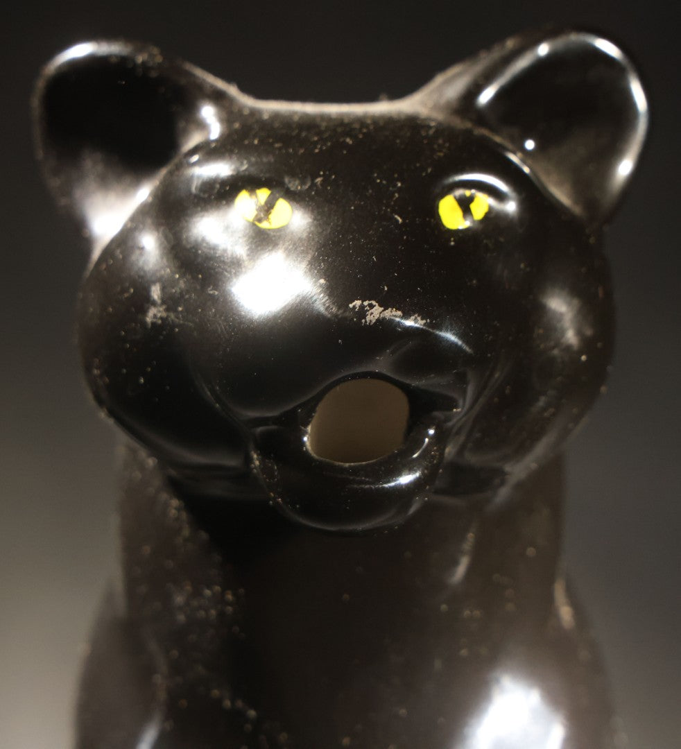 Lot 054 - Vintage Black Glazed Ceramic Panther Pitcher With Yellow Painted Eyes, By R.E.M.O., Made In Italy, 1975, 10-7/8" H