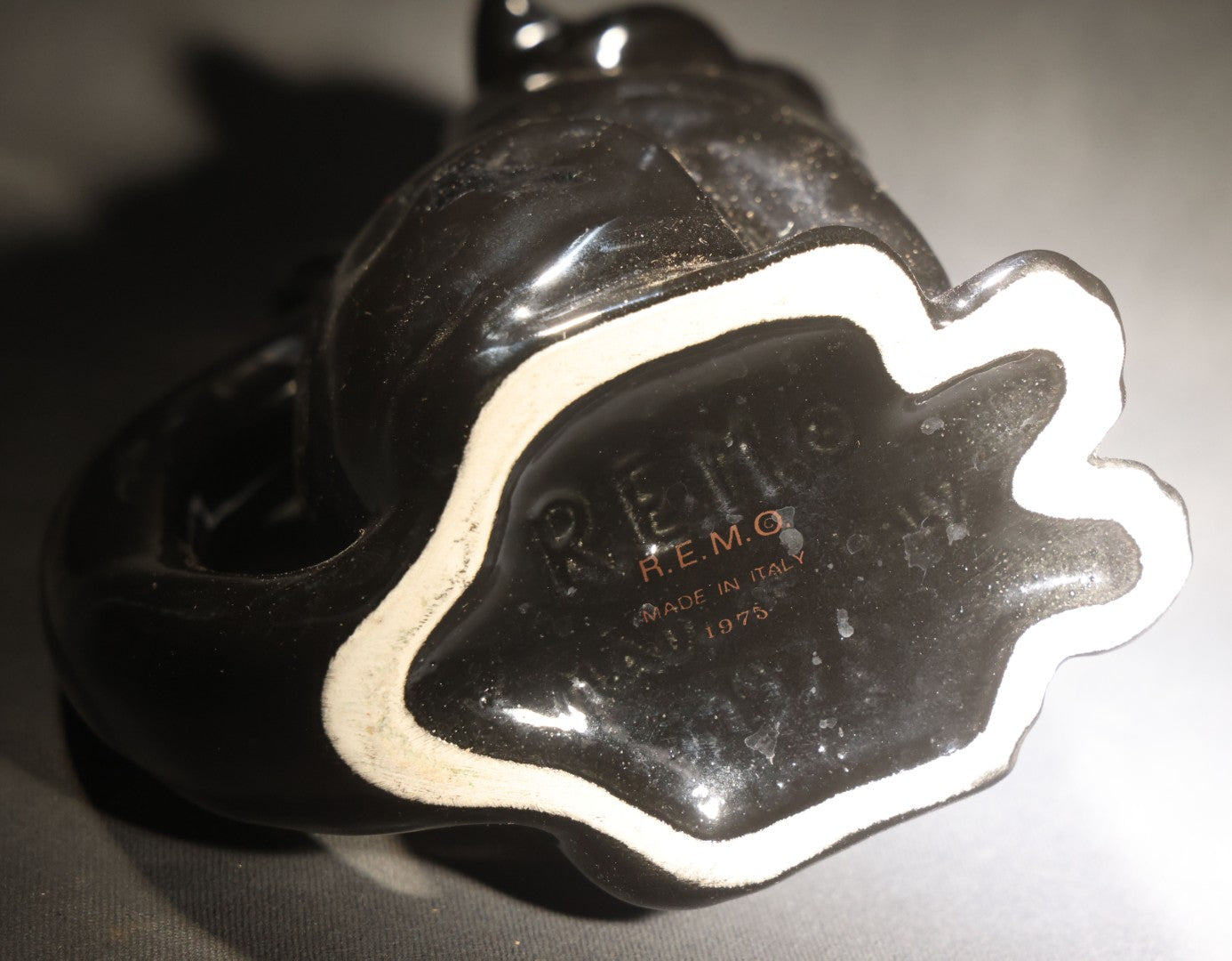 Lot 054 - Vintage Black Glazed Ceramic Panther Pitcher With Yellow Painted Eyes, By R.E.M.O., Made In Italy, 1975, 10-7/8" H