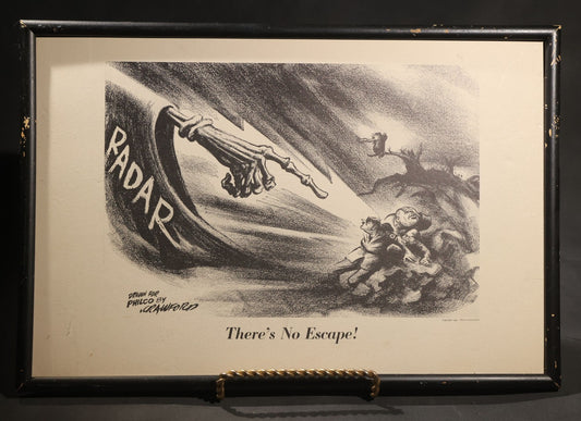 Lot 058 - Vintage Framed WWII-Era Philco Corporation Anti-Axis Propaganda Print, "There's No Escape!" Caricatures Of Hitler, Mussolini, And Tojo Routed By Radar Beam, Illustration By Crawford, Copyright 1943, Note No Glass In Frame, 18-3/4" x 12-3/4"