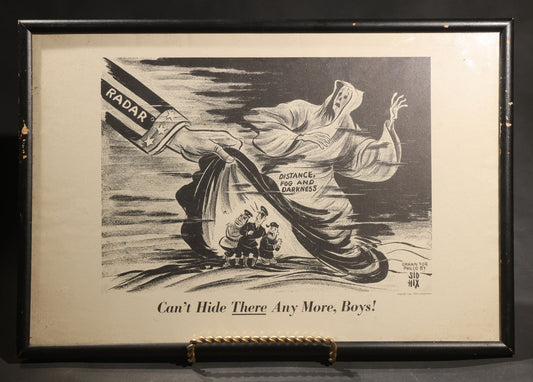 Lot 059 - Vintage Framed WWII-Era Philco Corporation Anti-Axis Propaganda Print, "Can't Hide There Any More, Boys!" Caricatures Of Hitler, Mussolini, And Tojo Exposed By Radar Beam, Illustration By Sid Hix, Copyright 1943, 18-3/4" x 12-3/4"