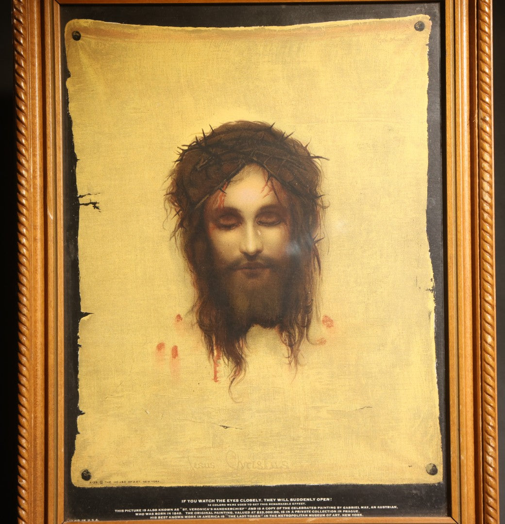 Lot 061 - Vintage Framed Print, "Jesus Christus" Veil Of Veronica After Gabriel Max, Published By The House Of Art, New York, Mickelson's Washington D.C. Label