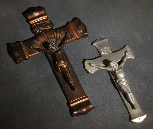 Lot 062 - Pair Of Vintage Metal Casket Crucifixes With Corpus And I.N.R.I. Tablets, One Copper-Toned And One Silver-Toned