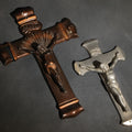 Lot 062 - Pair Of Vintage Metal Casket Crucifixes With Corpus And I.N.R.I. Tablets, One Copper-Toned And One Silver-Toned