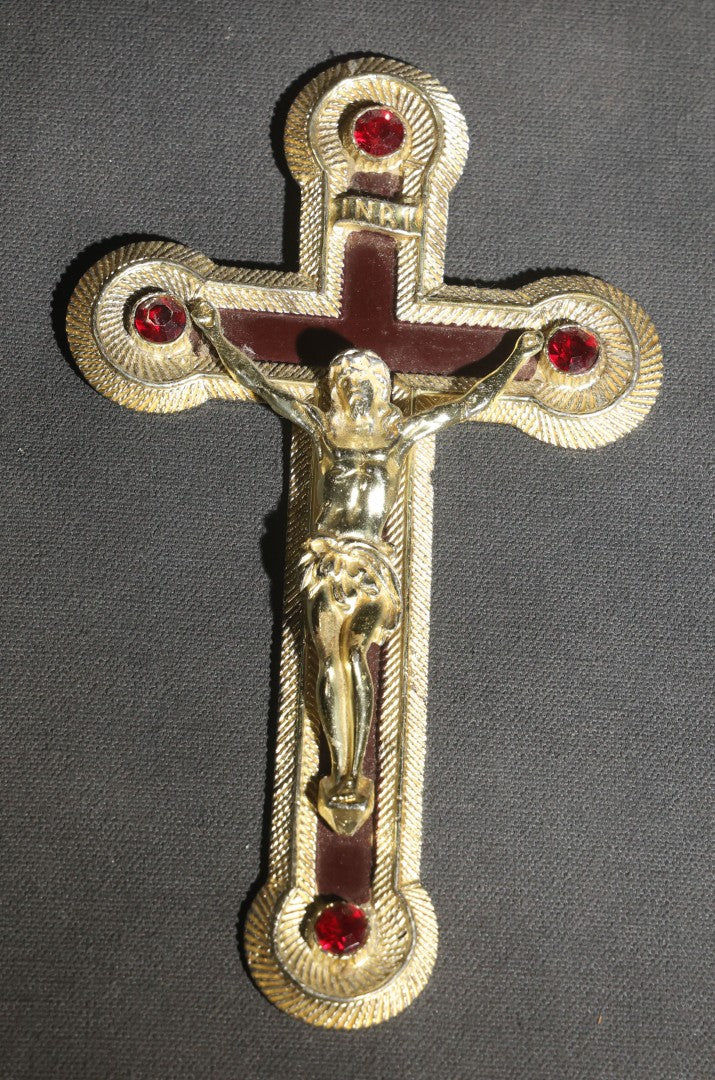 Lot 063 - Pair Of Vintage Metal Crucifixes, One Silver-Toned With Foliate Halo And One Gold-Toned With Red Cabochons And Enamel Inlay