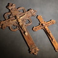Lot 064 - Pair Of Vintage Composite Wood Crucifixes With Corpus And I.N.R.I. Tablets, Syrocowood And Barwood By Boynton & Co.