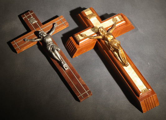 Lot 065 - Pair Of Vintage Wood Crucifixes, One With Metal Inlay And One Last Rites Sick Call Set With Candles And Holy Water Bottle
