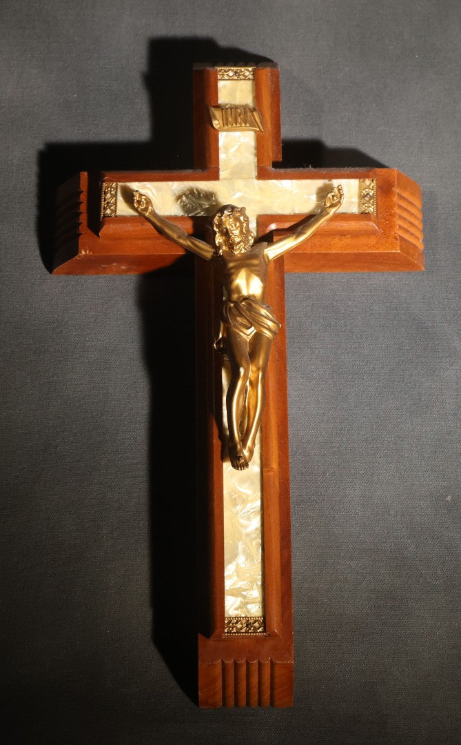 Lot 065 - Pair Of Vintage Wood Crucifixes, One With Metal Inlay And One Last Rites Sick Call Set With Candles And Holy Water Bottle