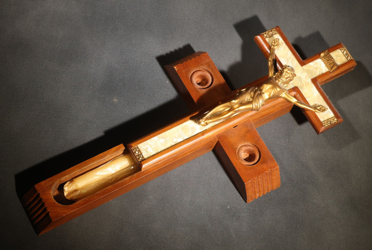 Lot 065 - Pair Of Vintage Wood Crucifixes, One With Metal Inlay And One Last Rites Sick Call Set With Candles And Holy Water Bottle