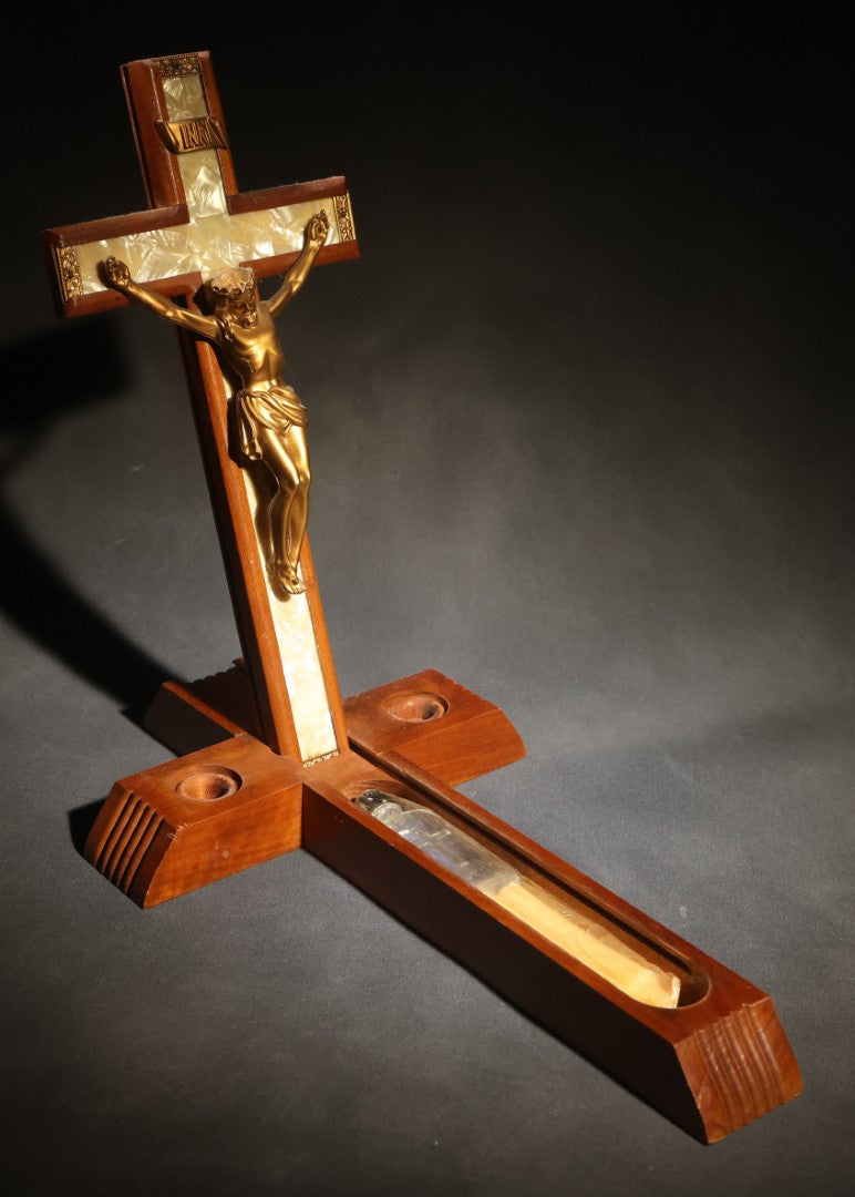 Lot 065 - Pair Of Vintage Wood Crucifixes, One With Metal Inlay And One Last Rites Sick Call Set With Candles And Holy Water Bottle