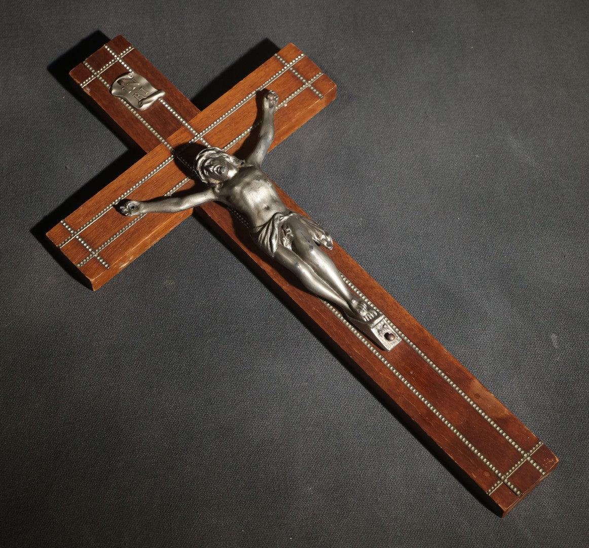 Lot 065 - Pair Of Vintage Wood Crucifixes, One With Metal Inlay And One Last Rites Sick Call Set With Candles And Holy Water Bottle