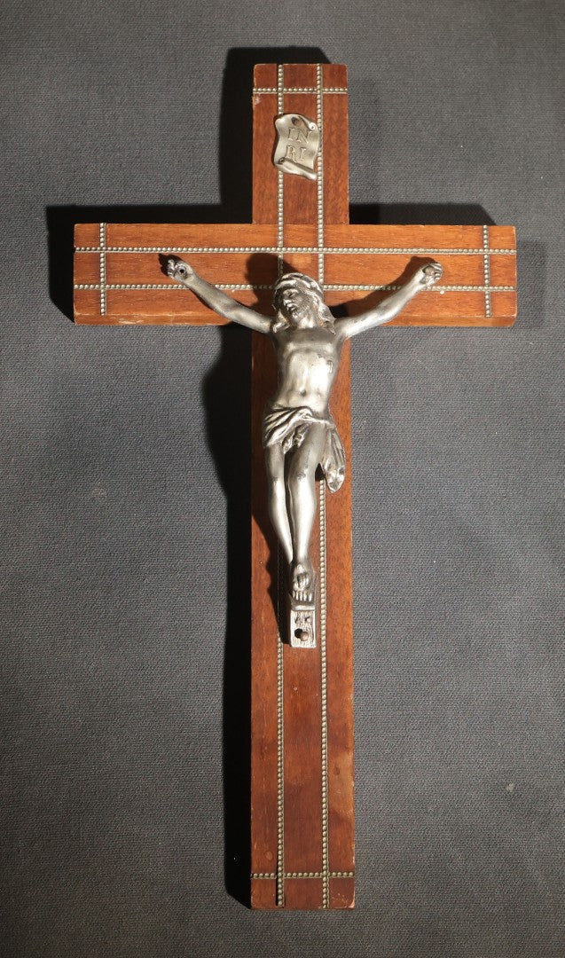Lot 065 - Pair Of Vintage Wood Crucifixes, One With Metal Inlay And One Last Rites Sick Call Set With Candles And Holy Water Bottle