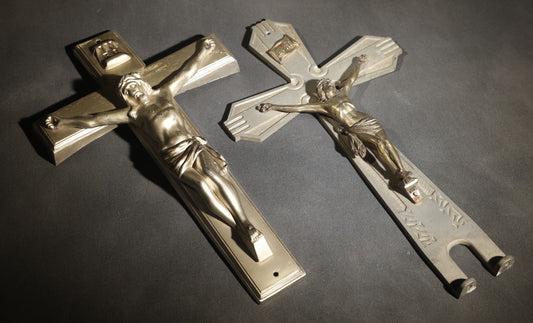 Lot 066 - Pair Of Vintage Silver-Toned Metal Casket Crucifixes With Corpus And I.N.R.I. Tablets, Art Deco Style Terminals