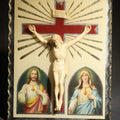 Lot 071 - Vintage Scalloped Glass Religious Plaque With Corpus Crucifix, Sacred Heart Of Jesus, And Immaculate Heart Of Mary