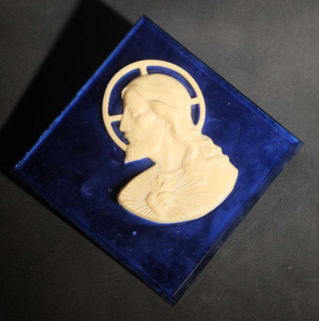 Lot 072 - Vintage Cobalt Blue Glass Wall Plaque With Relief Bust Of Christ, Sacred Heart And Cruciform Halo