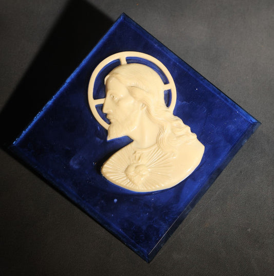 Lot 072 - Vintage Cobalt Blue Glass Wall Plaque With Relief Bust Of Christ, Sacred Heart And Cruciform Halo