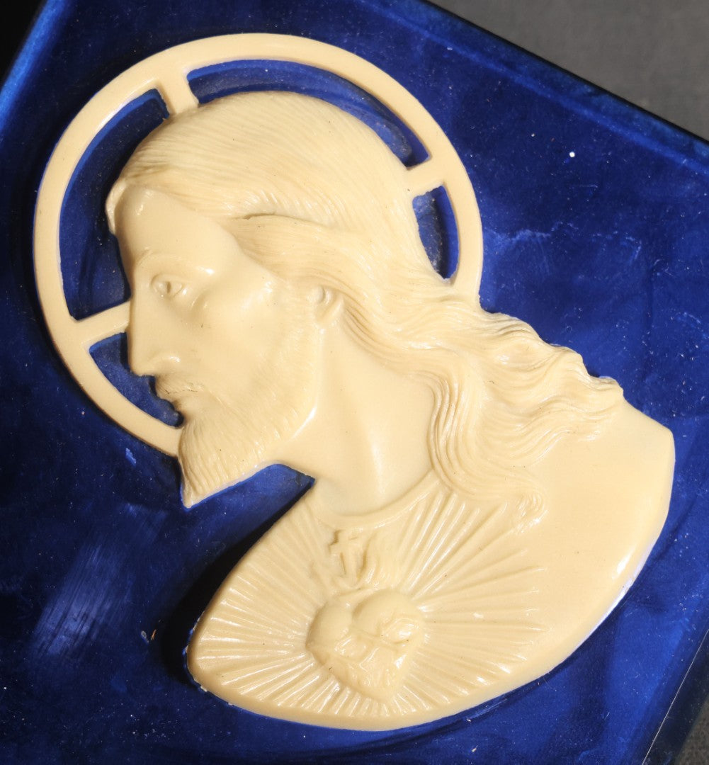 Lot 072 - Vintage Cobalt Blue Glass Wall Plaque With Relief Bust Of Christ, Sacred Heart And Cruciform Halo