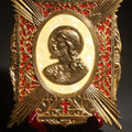 Lot 073 - Vintage Gold-Toned Metal Wall Plaque With Sacred Heart Of Jesus Profile Relief, Red Velvet Backing, Scrollwork Frame, Original Tag