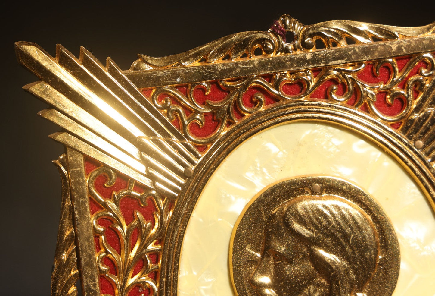 Lot 073 - Vintage Gold-Toned Metal Wall Plaque With Sacred Heart Of Jesus Profile Relief, Red Velvet Backing, Scrollwork Frame, Original Tag