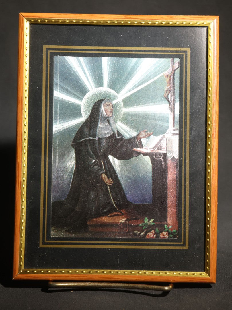 Lot 076 - Trio Of Vintage Framed Religious Prints Including Saint Rita Of Cascia, Croatian Sacred Heart Of Jesus, And Saint Joseph With Christ Child