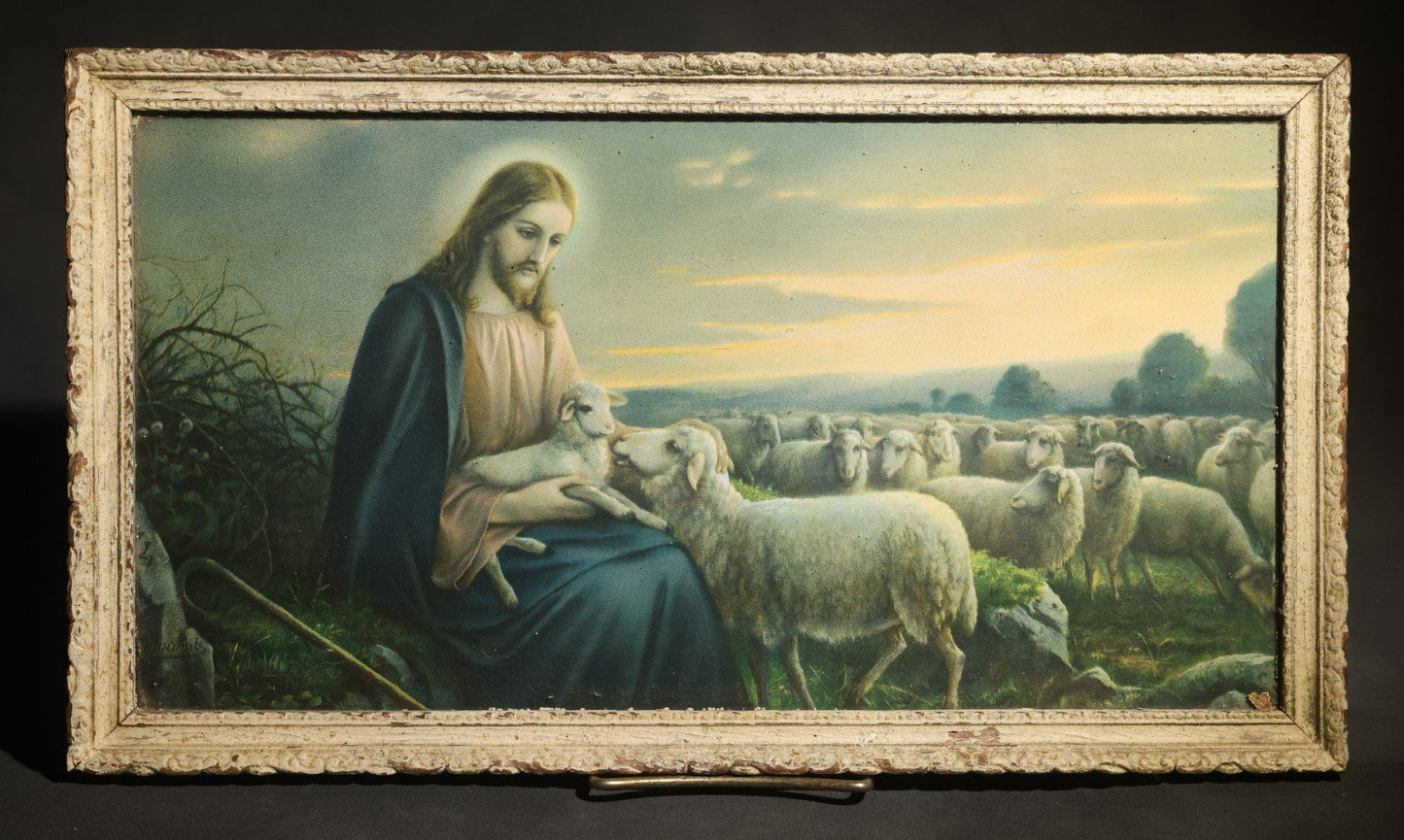Lot 078 - Vintage Framed Polychrome Print After "The Good Shepherd" By Josef August Untersberger, Signed Giovanni, Christ With Flock Of Sheep