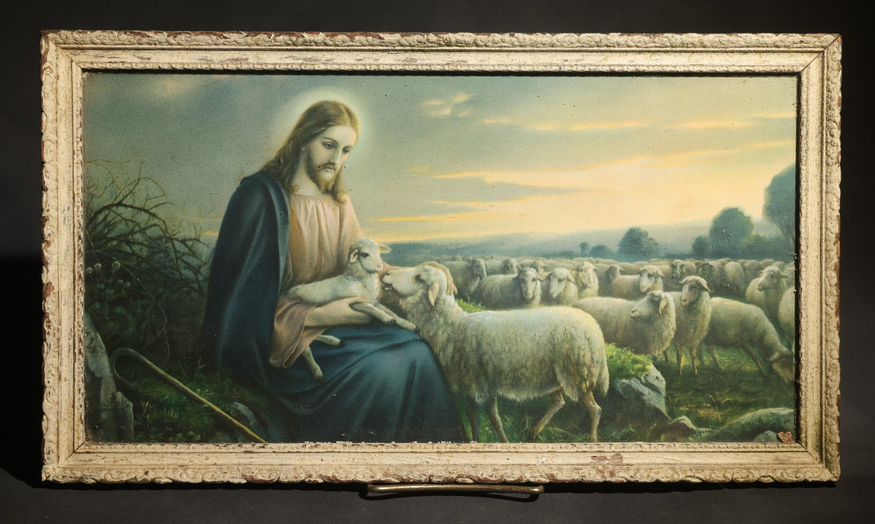 Lot 078 - Vintage Framed Polychrome Print After "The Good Shepherd" By Josef August Untersberger, Signed Giovanni, Christ With Flock Of Sheep