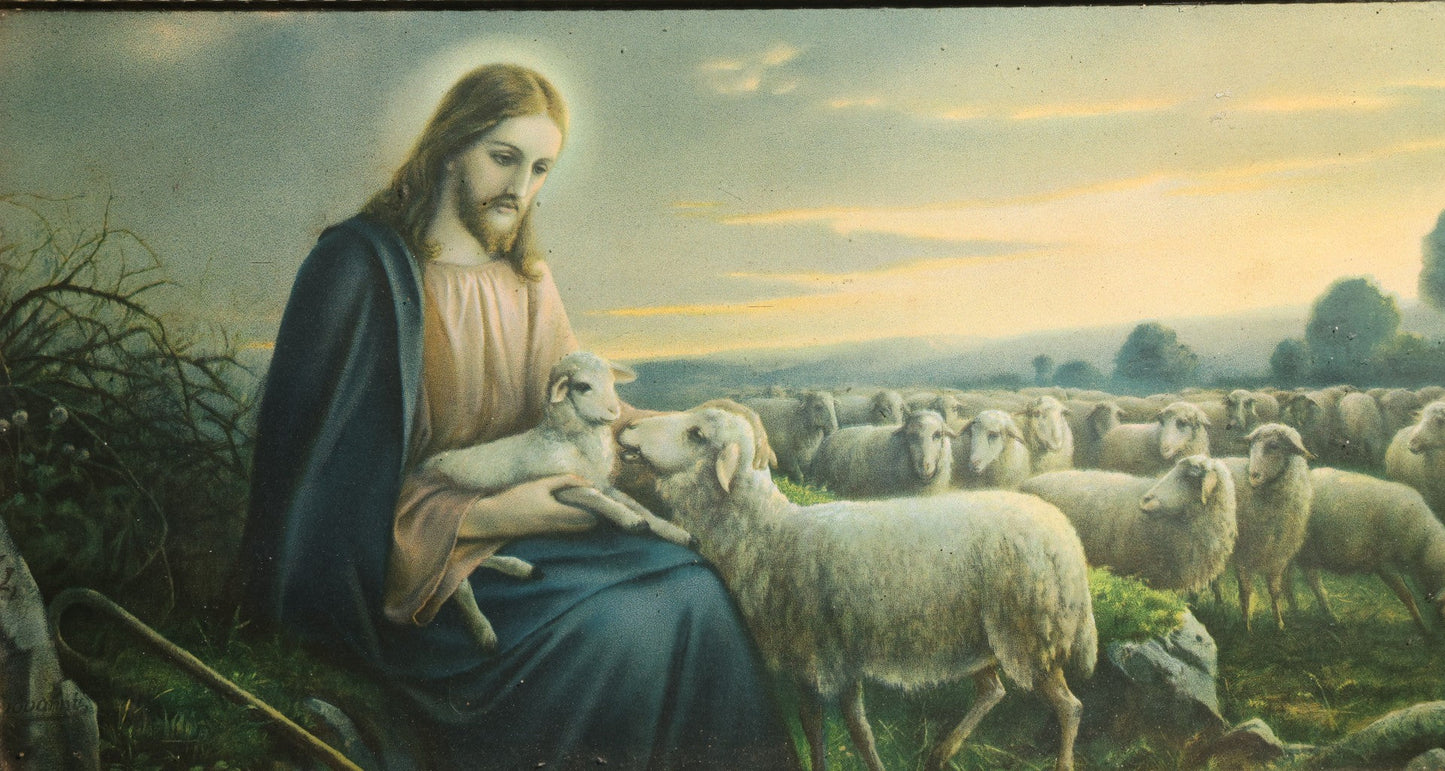 Lot 078 - Vintage Framed Polychrome Print After "The Good Shepherd" By Josef August Untersberger, Signed Giovanni, Christ With Flock Of Sheep