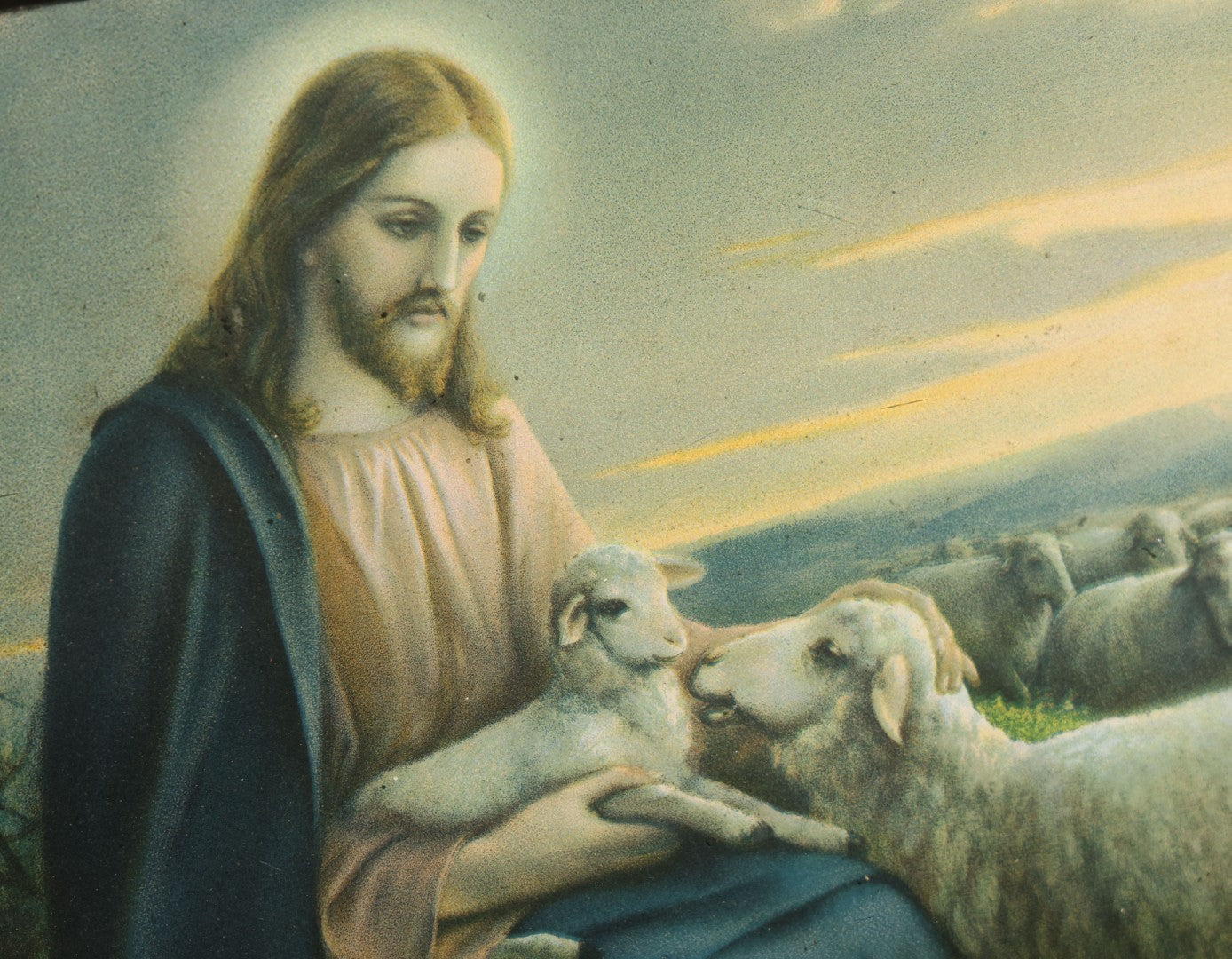 Lot 078 - Vintage Framed Polychrome Print After "The Good Shepherd" By Josef August Untersberger, Signed Giovanni, Christ With Flock Of Sheep