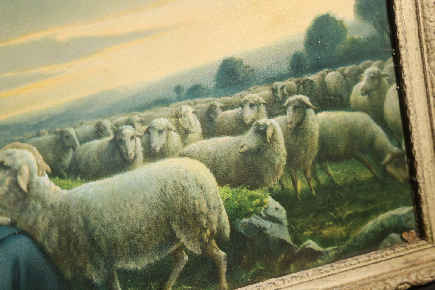 Lot 078 - Vintage Framed Polychrome Print After "The Good Shepherd" By Josef August Untersberger, Signed Giovanni, Christ With Flock Of Sheep